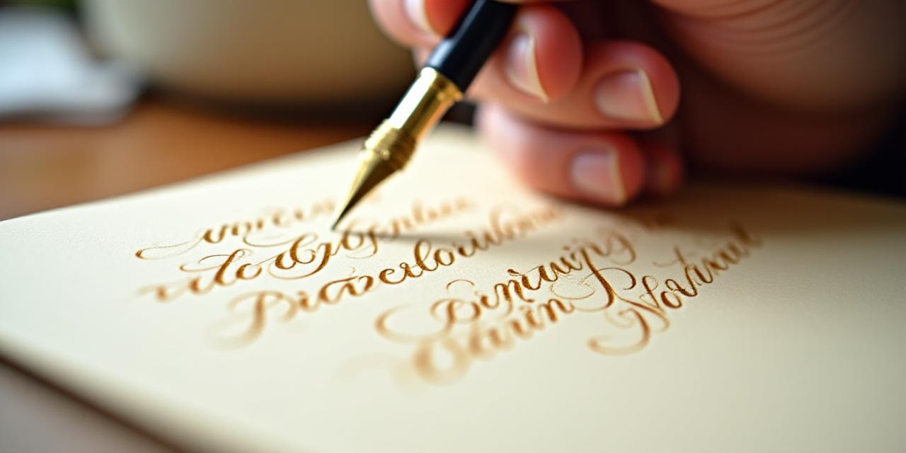A professional hand carefully writing calligraphy on textured cotton paper with gold ink